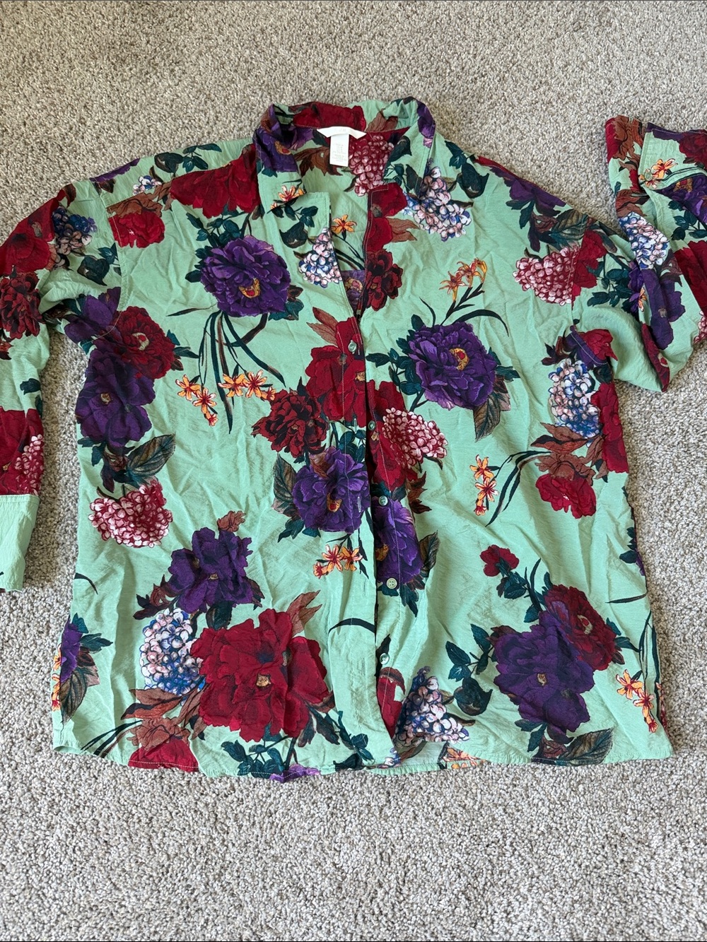 H&M Mint Green Button-Down Shirt with Red & Purple Floral Print